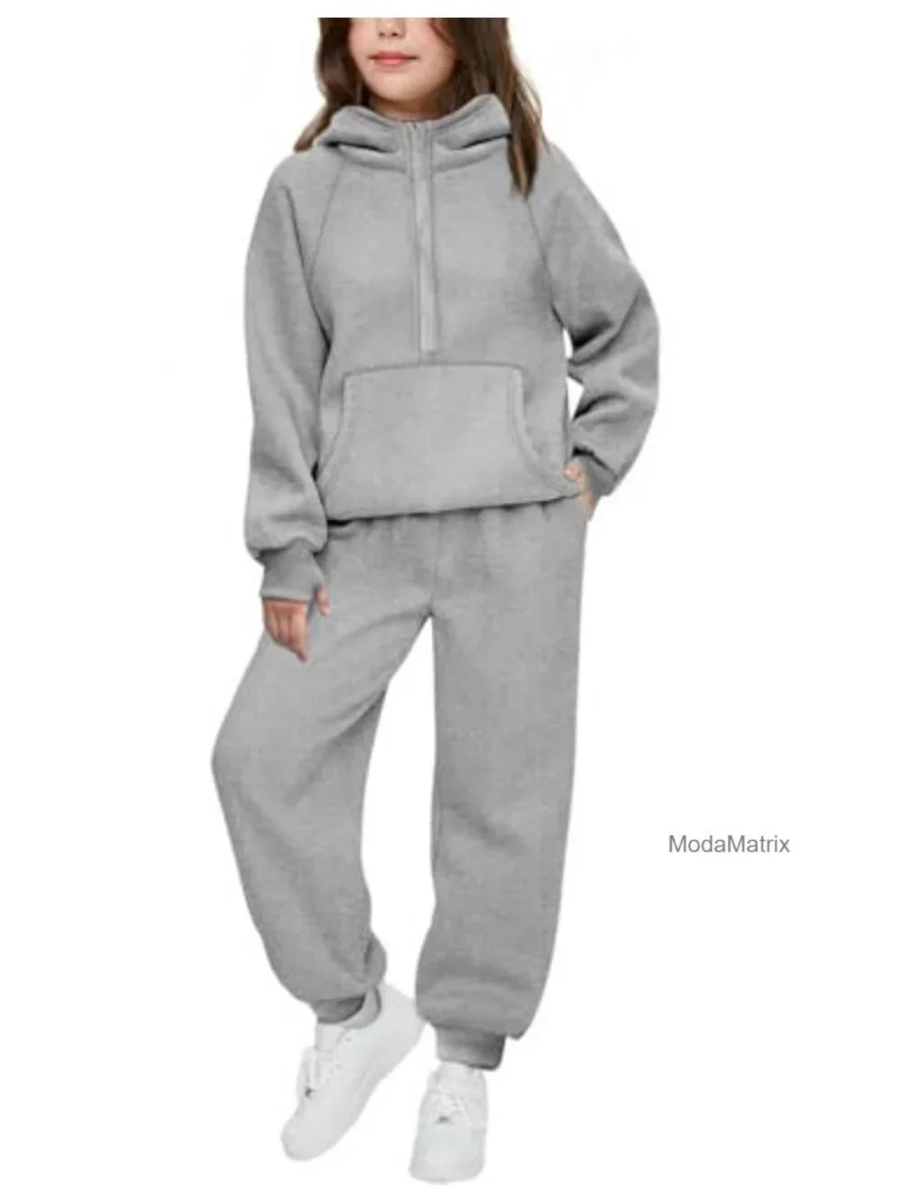 Girls 2 Piece Tracksuit Drop Shoulder Hoodie Half Zip Sweatshirt and Joggers